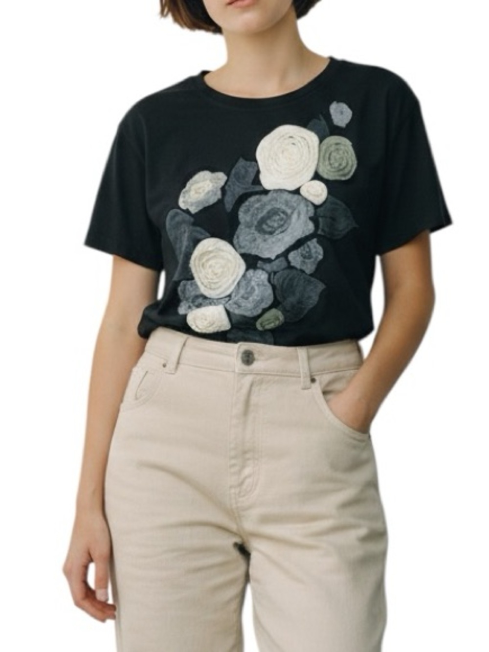 J. Crew lace rosette embellished cotton crew neck t-shirt L excellent condition